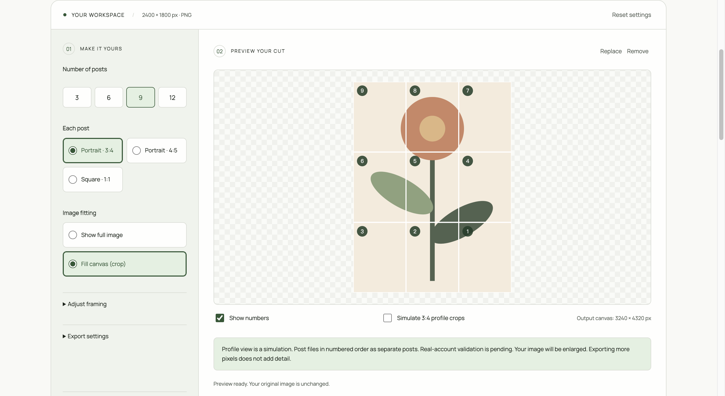 Image Splitter workspace with nine botanical tiles, Fill canvas selected, and numbered preview